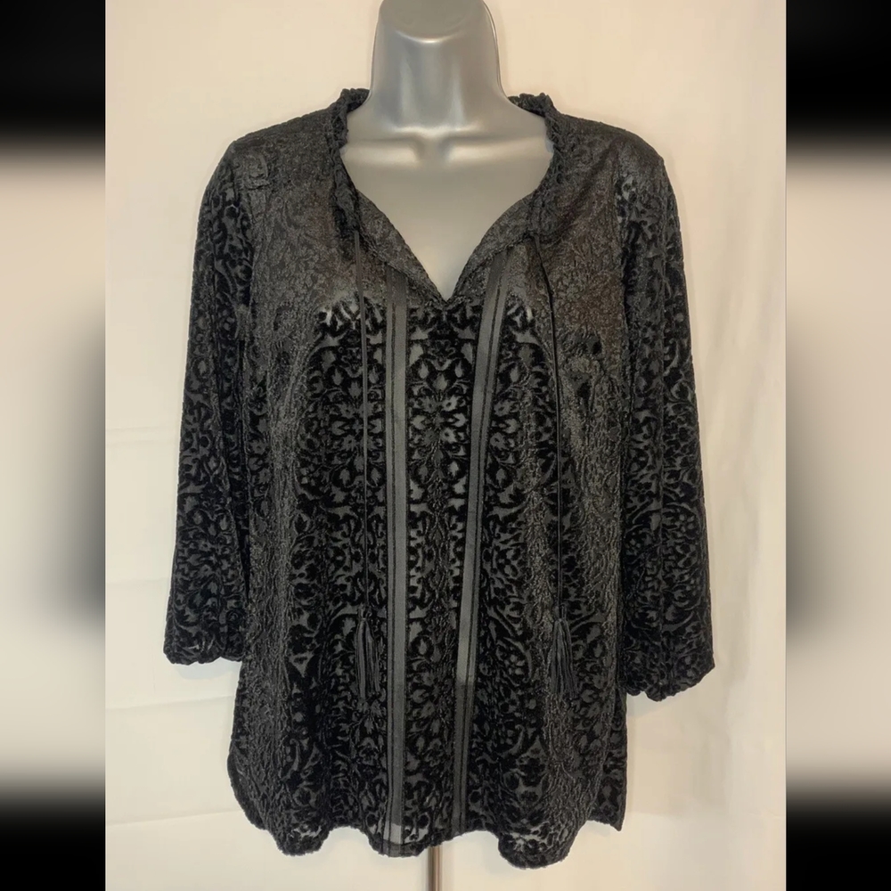 New Directions Black Velvet Sheer 3/4 Sleeve Blouse W/ Tassels Womens Sm…